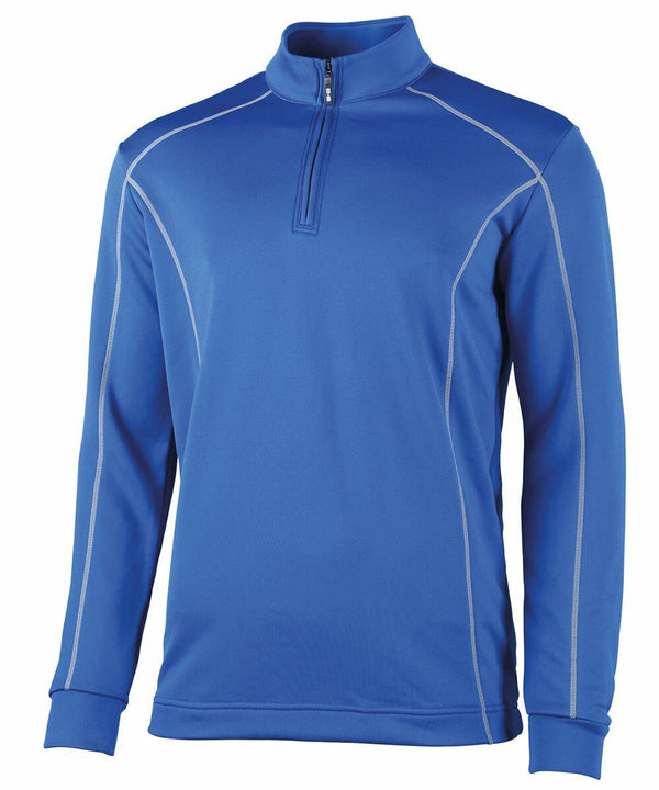 A Rhino RH004 blue long-sleeve athletic pullover with a quarter-zip front and white stitching detail.