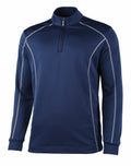 Introducing the Rhino RH004: a navy blue pullover featuring a quarter-zip, light gray piping, long sleeves, and a high collar.