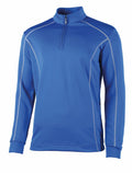 Introducing the RH004 by Rhino, a royal blue quarter-zip pullover with long sleeves. It boasts white stitching along the shoulders and sides, complemented by a high collar and elastic cuffs for added comfort and style.