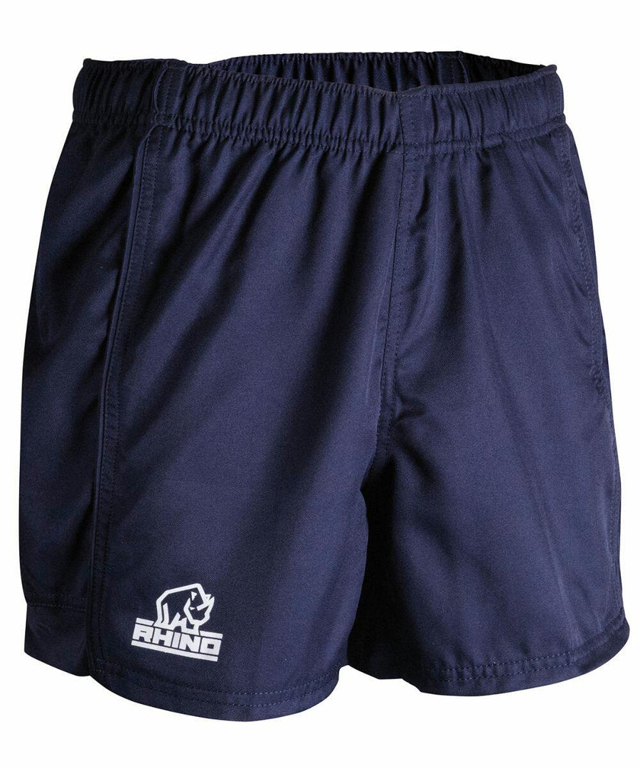 Navy blue sports shorts with an elastic waistband and a "Rhino" logo on the front left side, Product Name: RH015, Brand Name: Rhino.