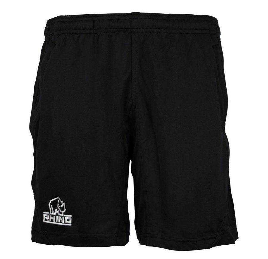 Black athletic shorts featuring the RH016 design and a Rhino logo on the left leg.