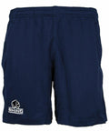 A pair of navy blue athletic shorts with an embroidered "RHINO" logo featuring a rhinoceros on the left leg, named RH016 by the brand Rhino.