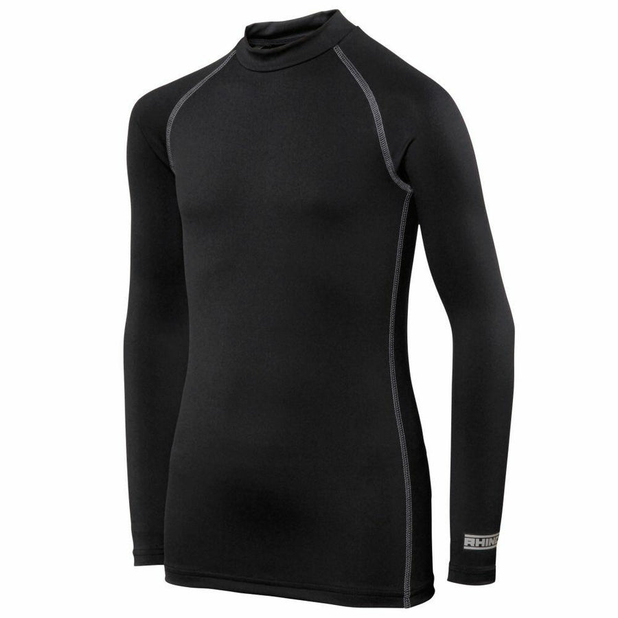Rhino RH01B long-sleeve athletic shirt in black with gray stitching and a small logo on the sleeve cuff.