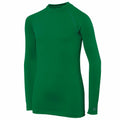 The RH01B by Rhino is a green long-sleeve athletic shirt featuring a crew neck and smooth fabric texture, displayed on an invisible mannequin.