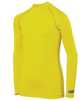 A long-sleeve, yellow athletic shirt with a high collar and visible stitching, featuring the "RHINO" tag on the sleeve. The product name is RH01B by Rhino.