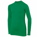 Introducing the Rhino RH01B: a vibrant green long-sleeve crew-neck athletic shirt featuring prominent seam details. Crafted from a flexible, form-fitting material, it is perfect for sports and exercise activities.
