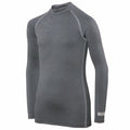 Introducing the RH01B by Rhino: a gray long-sleeve athletic shirt designed with a high collar and subtle textured fabric. It is accented by white seams along the sleeves and shoulders for a fitted, streamlined look perfect for both sports and casual wear.