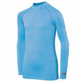 Displayed against a white background is the RH01B, a light blue, long-sleeved rash guard by Rhino. It features reinforced stitching and a smooth, stretchy material ideal for water sports or sun protection.