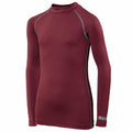 Presenting the RH01B from Rhino, a maroon long-sleeve compression shirt featuring stylish gray stitching and the iconic logo on the left wrist. This shirt boasts a high neckline and is showcased against a plain white background.