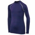 The RH01B long-sleeved, navy blue athletic shirt from Rhino features white stitching along the seams, showcased against a plain white background. It boasts a simple crew neck design and offers a form-fitting look.