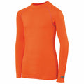 Introducing the Rhino RH01B: a bright orange long-sleeve rash guard featuring a crew neck and noticeable stitching. Designed with smooth, form-fitting fabric ideal for water sports and sun protection.