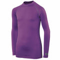 A long-sleeve athletic shirt in purple by Rhino, featuring a mock neck design with visible stitching. The RH01B model is crafted from a smooth and stretchy fabric, ensuring comfort and an ideal fit for physical activities.