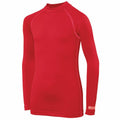 Introducing the RH01B by Rhino: a red long-sleeve athletic shirt with an elegant high neckline, showcased against a white background. This shirt is crafted with subtle stitching details along the shoulders and sides, offering a tailored fit for optimal performance and style.