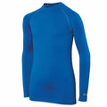 The RH01B compression shirt by Rhino features a vibrant blue color, long sleeves, a high collar, and clean stitching details. This fitted design is showcased against a plain white background.