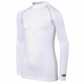 The RH01B by Rhino is a plain white long-sleeve compression shirt with visible stitching, featuring a mock turtleneck and a small logo on the lower left side.