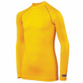 A bright yellow, long-sleeved compression shirt from Rhino, known as the RH01B, showcasing visible stitching along the sleeves and shoulders. It includes a high collar and a small logo at the hem on the side.