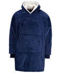 Introducing the Ribbon RI002: a blue hooded fleece blanket with a spacious front pocket and white plush lining, designed for comfortable wear.