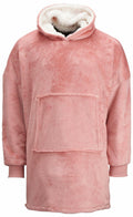 Ribbon's RI002 is a pink fleece hooded sweatshirt featuring a large front pocket and a white sherpa lining.