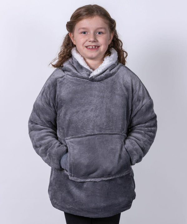 A young girl smiling, wearing a grey plush hooded Ribbon RI003 sweatshirt with her hands in the front pocket.