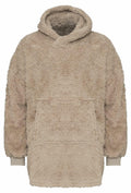 This Ribbon pullover, model RI004, features a beige hue with fluffy texture, long sleeves, a hood for extra warmth, and a convenient front pocket.
