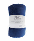 A navy blue luxury blanket, rolled up and featuring a label that reads "Ribbon RI014 Eskimo-Style Blanket.