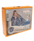 A product box for Hoodies. The packaging shows a woman on a sofa wearing the hoodie and highlights features like adjustable heat settings, fast heating, and machine washable.