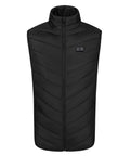 The Gilets & Body Warmers is a black, sleeveless zip-up puffer gilet with a stand-up collar, horizontal and diagonal stitching, zipped side pockets, and a small rectangular logo on the left chest.