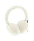 A pair of white ear muffs featuring a soft, padded headband and round cushioned ear covers. A small tag is attached to the side. The background is plain white.