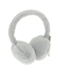 A pair of ear muffs in light grey with fluffy, plush ear coverings and a soft headband, shown against a white background.
