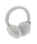 Ribbon faux fur ear muffs in light grey, featuring a padded headband and two round, fluffy ear covers, shown against a white background.