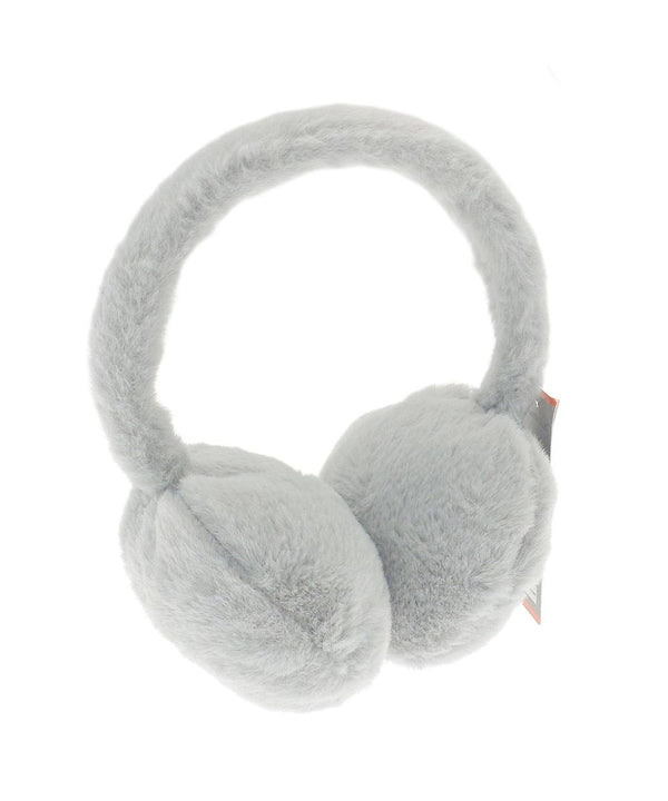 Ribbon faux fur ear muffs in light grey, featuring a padded headband and two round, fluffy ear covers, shown against a white background.