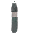 A grey faux fur-covered hot water bottle cover with a loop at the top and a "luxury" label, photographed against a white background.