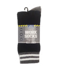 A pack of men’s black socks with grey toes and striped cuffs, labelled UK size 6-11/EUR 39-45. The socks are folded and secured with branded packaging.