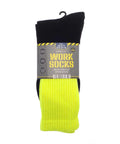 A pair of men’s socks in black and bright yellow, size UK 6-11/EUR 39-45, folded with a "Work Socks" label and attached to a black hanger.