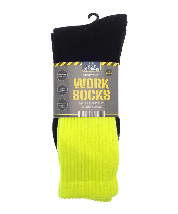 Ribbon Men's 3-pack work socks (recycled cotton), black and bright yellow, size UK 6-11, labelled "Work Socks".