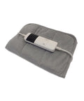 A grey rectangular Accessories heating pad with a white wired electronic controller featuring a display and buttons is placed on top.