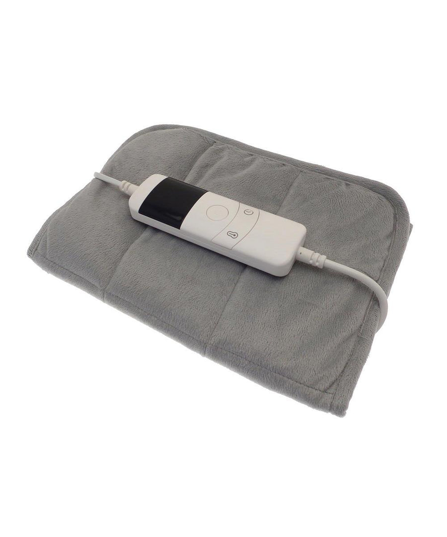 A grey rectangular Accessories heating pad with a white wired electronic controller featuring a display and buttons is placed on top.