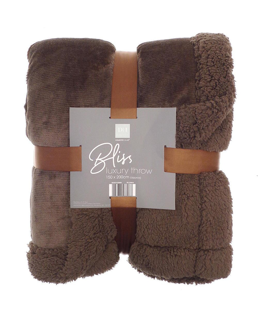 A folded brown luxury throw blanket with a plush, fuzzy texture is secured by two tan straps. A grey centre label reads "Blankets" and shows the size 150 x 200 cm.