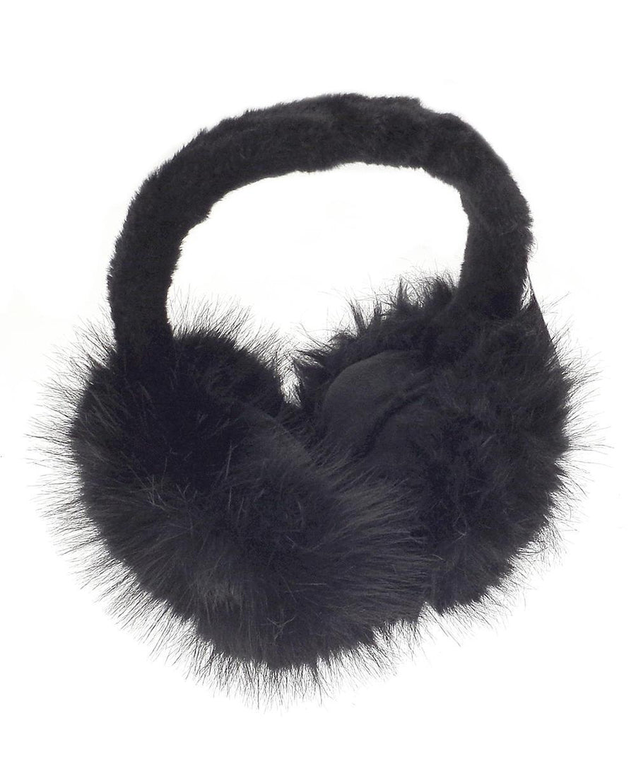 Ear Muffs: Black, fluffy ear muffs with a soft, fuzzy texture, designed to cover and keep ears warm.