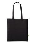 A plain black fabric tote bag called "Bags" with two long handles and a small green side label, shown against a white background.