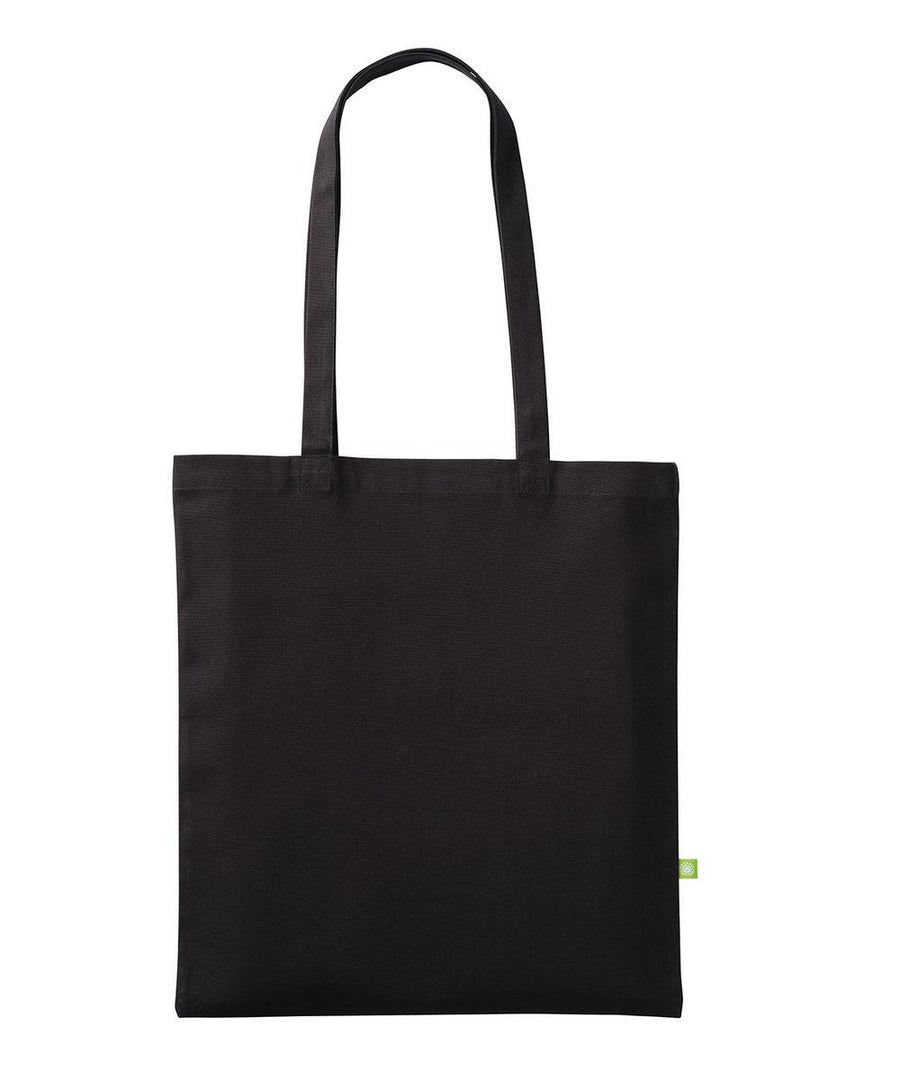A plain black fabric tote bag called "Bags" with two long handles and a small green side label, shown against a white background.