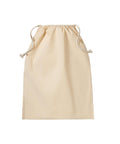 A fabric Bags drawstring bag in plain beige, displayed against a white background. The two drawstrings are knotted at the ends.