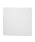 A plain, rectangular white towel is laid flat on a white background. The towel features a simple stitched border with no visible patterns or designs.