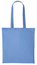 Presenting the RL100 by Nutshell: A sleek blue tote bag with long handles, displayed from the front. Its fabric is smooth and lightweight, perfect for carrying books or groceries. The bag's minimalist design ensures it's versatile for everyday use.