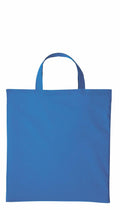 A Nutshell RL110 plain blue tote bag featuring two short handles is displayed against a white background.