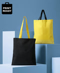 Two Nutshell RL130 tote bags displayed on geometric platforms against a blue background. The front bag is black with yellow handles, and the back bag is yellow with black handles. A "PRINT READY" label is at the top left.