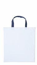A plain white RL130 tote bag by Nutshell with black handles, displayed against a white background. The bag is simple and unadorned, featuring a rectangular shape crafted from sturdy fabric.