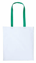 A Nutshell RL150 tote bag in white featuring long green handles, showcased against a simple white backdrop.