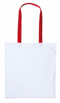 The RL150 by Nutshell is a plain white tote bag featuring vibrant red handles.