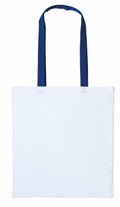 A Nutshell RL150 tote bag, featuring a plain white design and long dark blue handles, set against a white background.